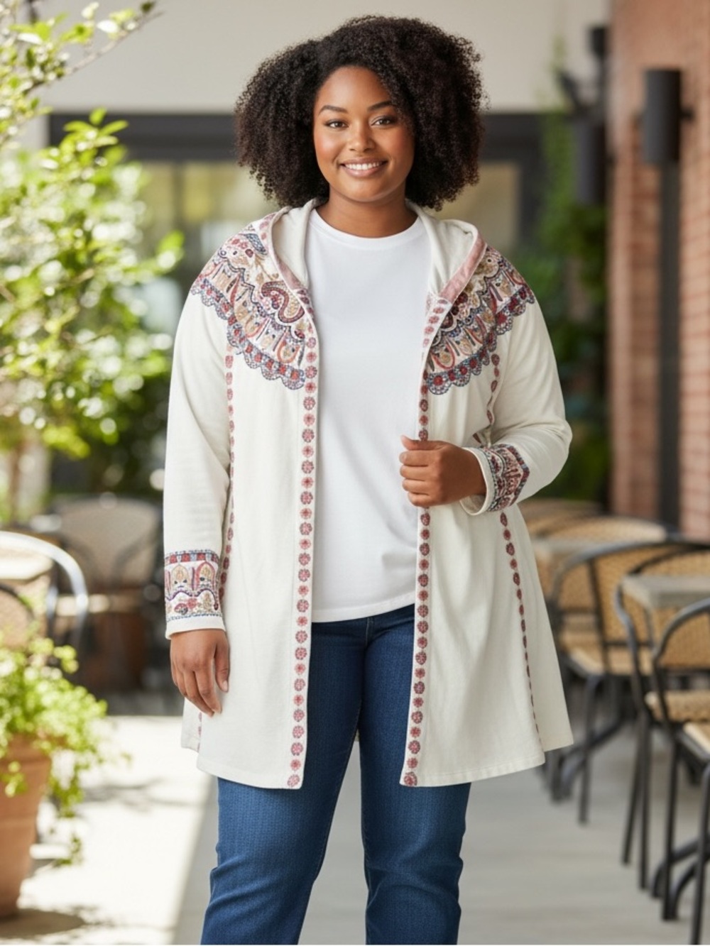 Soft Surroundings Isle Beaded Embroidered Longline Open Cardigan Hooded Whimsy L